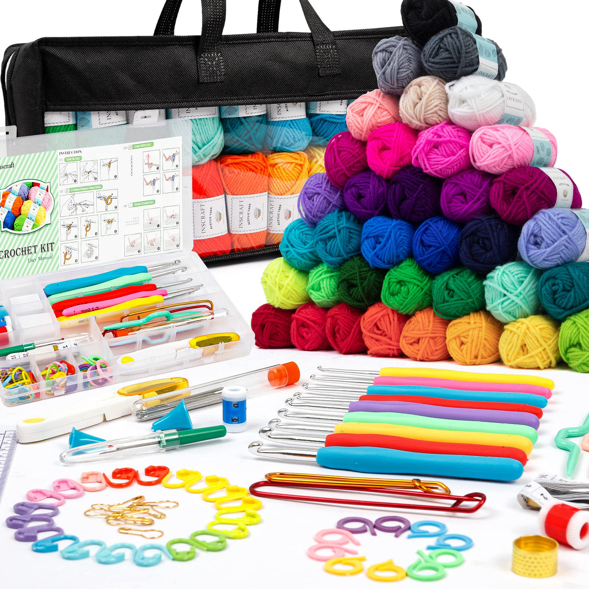 INSCRAFT 113 Piece Crochet Kit with Yarn Set– 1600 Yards Assorted Yarn for Knitting and Crochet, 73PCS Crochet Accessories Set Including Ergonomic Hooks, Knitting Needles & More Ideal Beginner Kit
