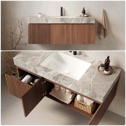 Trygoal 48" Bathroom Vanity with Sink, Wall-Mounted Plywood Bathroom Storage Cabinet with Ceramic Basin & Sintered Stone Countertop, Modern Pre-Assembled Floating Vanity with Drawer & Door, Brown Oak