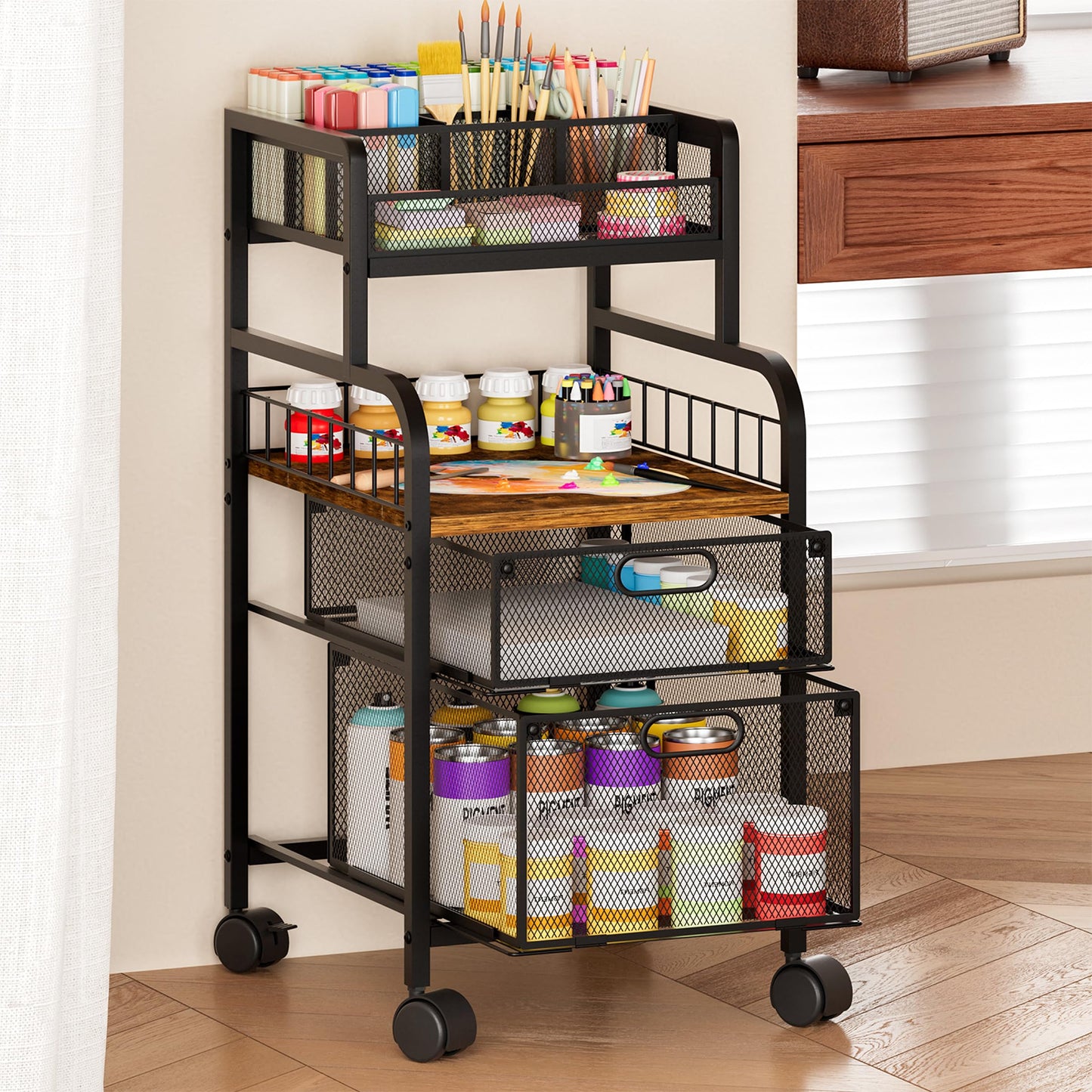 SWTYMIKI Rolling Cart with Drawers - Metal Craft Cart with Wheels, DIY Divider and Wood Shelf, Art Supply Organizer for Under Desk Storage, Utility Storage Cart for Home Office Studio, Espresso
