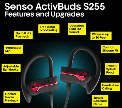 SENSO Bluetooth Headphones, Best Wireless Sports Earphones w/Mic IPX7 Waterproof HD Stereo Sweatproof Earbuds for Gym Running Workout 8 Hour Battery Noise Cancelling Headsets