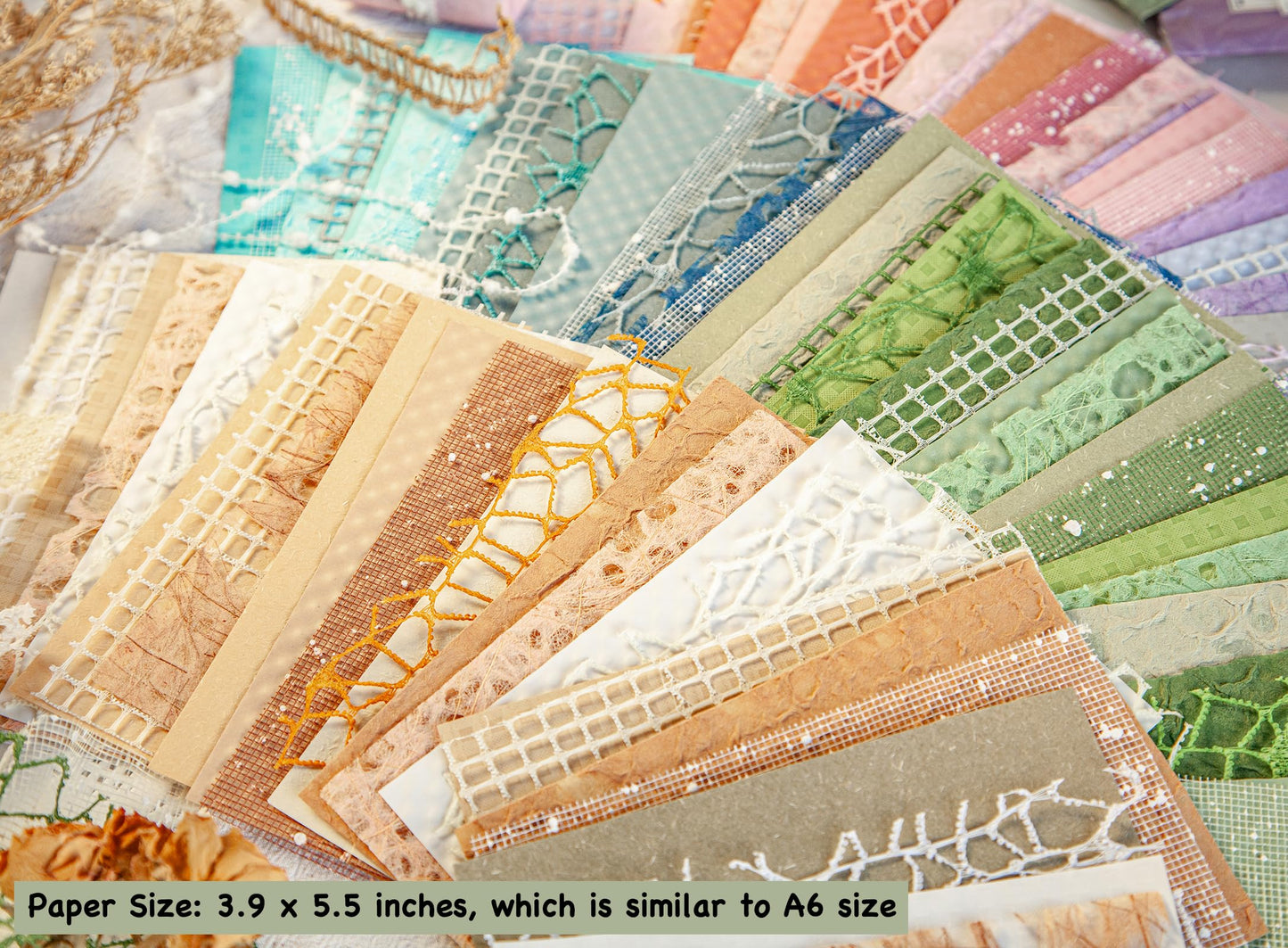 96 Sheets Textured Scrapbook Paper and Mesh Fabric Assorted Set - 6 Pack Mixed Special Paper for Scrapbooking Planner Bullet Junk Journal Supplies Mixed Media Collage Card Embellishments 3.9x5.5 Inch