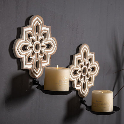 Set 2 Openwork Carving Candle Sconces of - Farmhouse Rustic Wall Decor, Wooden Sunflower Candle Holder, Decorative