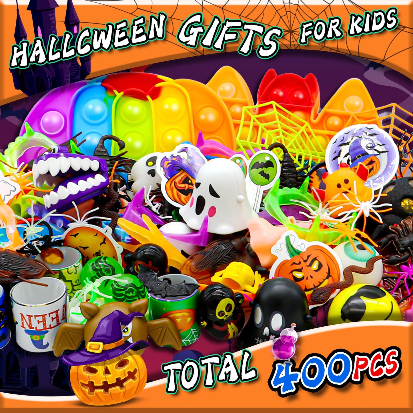 Olganicor 400PCS Halloween Party Favors for Kids, Halloween Treat Bag Fillers, Bulk Toys, Treasure Box Toys, Goodie Bag Stuffers, Carnival Prize Toy Classroom Reward