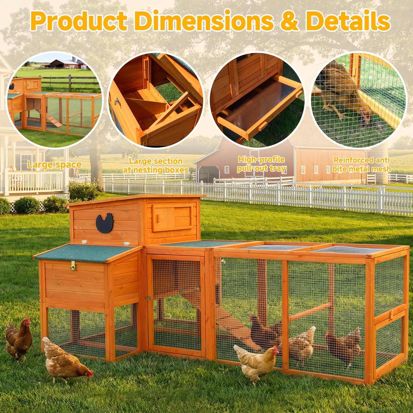 WHEGETED XLarge Chicken Coop with Nexting Box and Run Premium Poultry Cage with Waterproof Roof and Tray Spacious Wooden Chicken House Size for Backyard Small Animals 3-4 Chickens and Duck Orange 83"