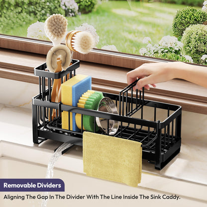 SWTYMIKI Sponge Holder for Kitchen Sink - Sink Caddy with Brush Holder Self-draining Sponge Caddy Organizer with Divider Stainless Steel Kitchen Accessories Storage for Countertop, Black