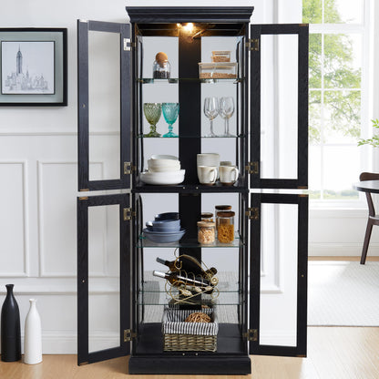 Elountik Lighted Curio Display Cabinet, Glass Storage with Wood Frame, Built-in Lighting for Living Room, Kitchen, Pantry, Ideal for Wine, Toys, Collectibles - Black