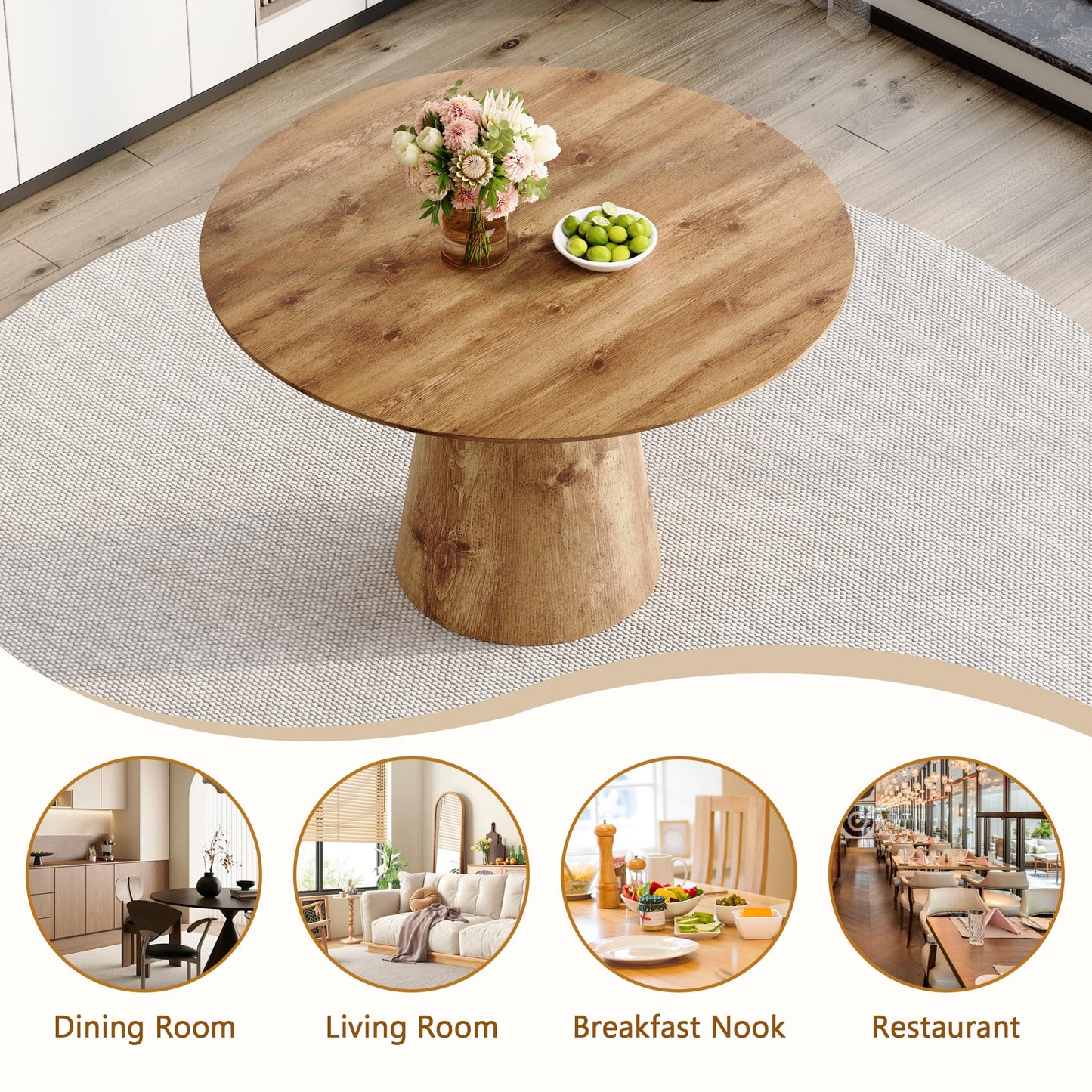 Vohuai 45-Inch Round Dining Table, Wood Round Table for 4/6, Seamless One-Piece Tabletop with Stable Conical Pedestal Base, Mid-Century Modern Round Dinner Table for Small Spaces Kitchen, Urban Family