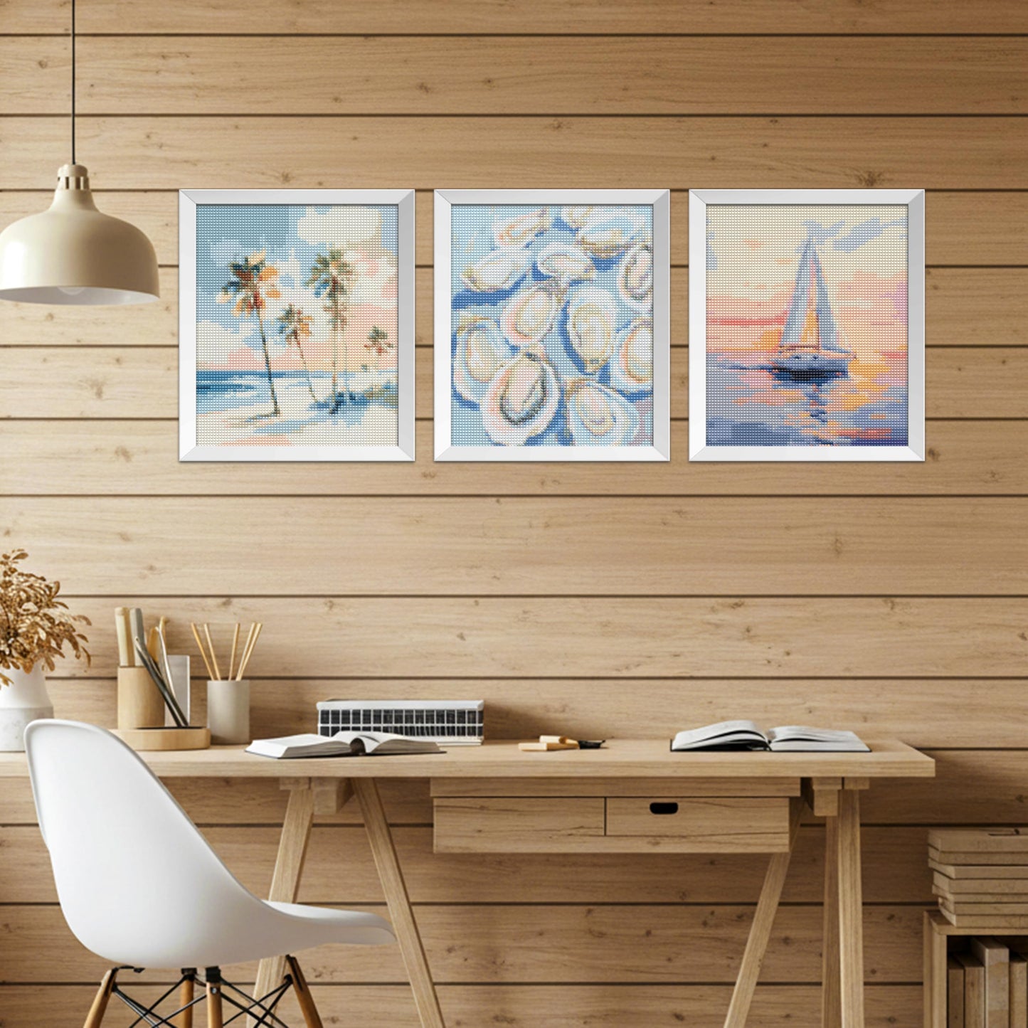 Kemingni 3 Pack Pastel Ocean Beach Diamond Painting Kit, Tropical Palm Tree Nautical Sailboat Oysters Diamond Art Kits for Adults Beginners, Full Drill Gem Painting for Home Wall Decor, 9.8x11.8 Inch