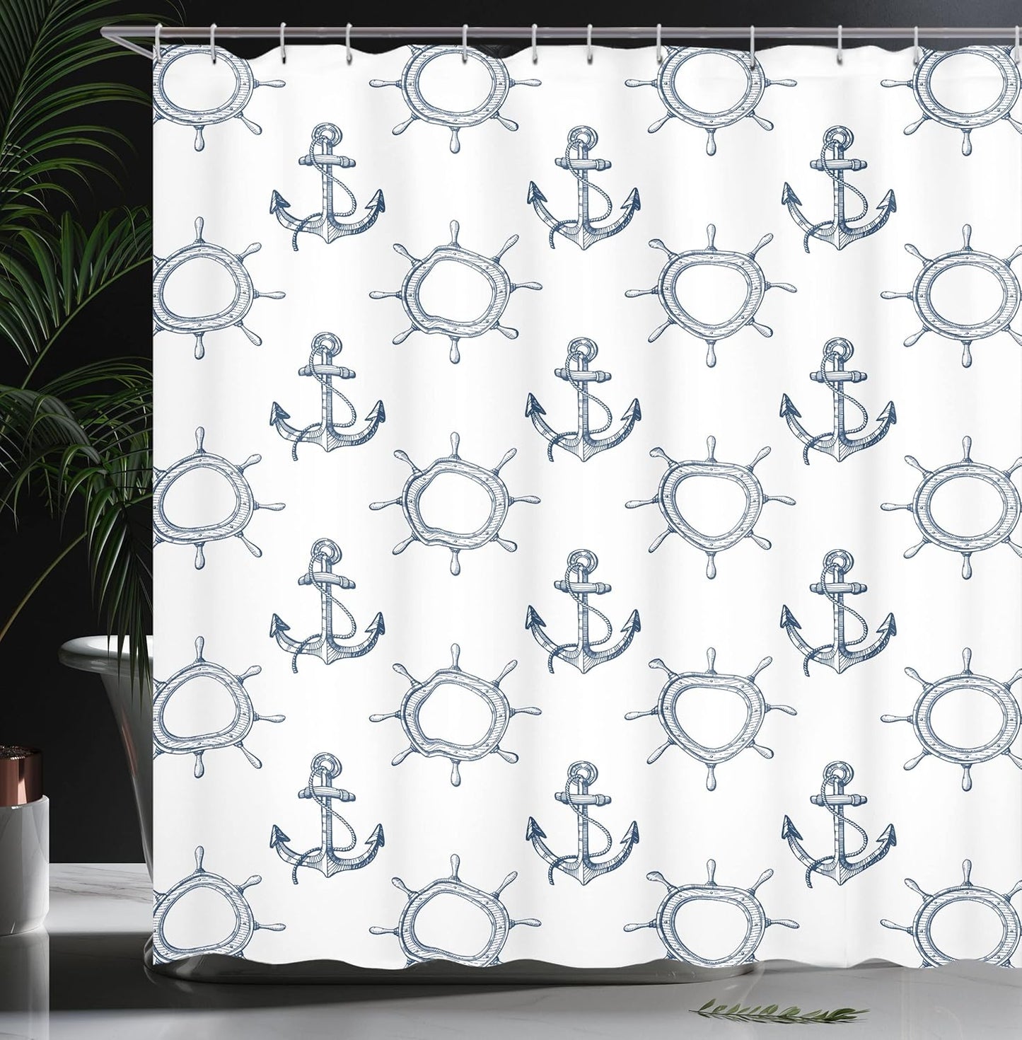 Ambesonne Ships Wheel Shower Curtain, Night Blue Anchors and Steering Wheels Pattern, Marine Themed Print, 69" W x