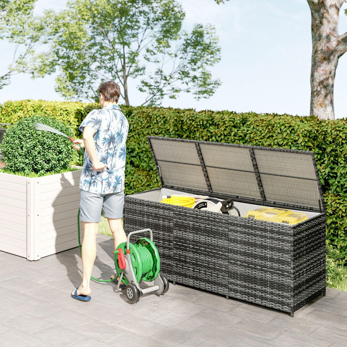 LMJITDS PE Resin Woven Outdoor Storage Chest with Waterproof Liner Enhanced Fade Protection UV Resistant Long-Lasting Durable Slate Gray