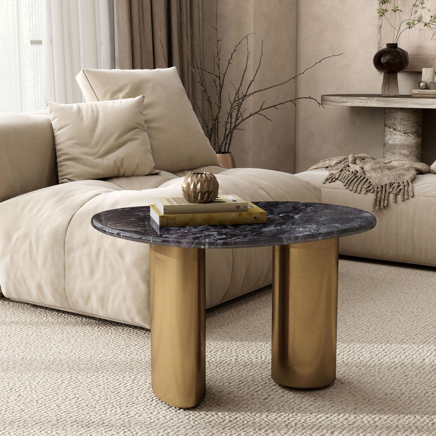 Furniture of America Gavora Modern 32-inch Grey and White Sintered Stone Top End Table with Gold Dual Pedestal Legs for Small Space, Living Room, Home Office, Multi-Color
