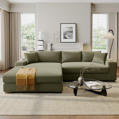 Merax Modern Oversized L-Shaped Sectional Sofa with USB Charging Port,Cup Holder, Comfy Corduroy 4-Seat Couch Set Sleeper Bed for Living Room,Green