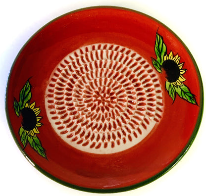 BonCera, All-in-one Premium Ceramic Garlic Grater Plate 4-Piece Set - Red Sunflower Design, Classic Style - For Garlic, Ginger, Chocolate, and more! - Comes with 5.25" Plate, Peeler, Brush, and Stand
