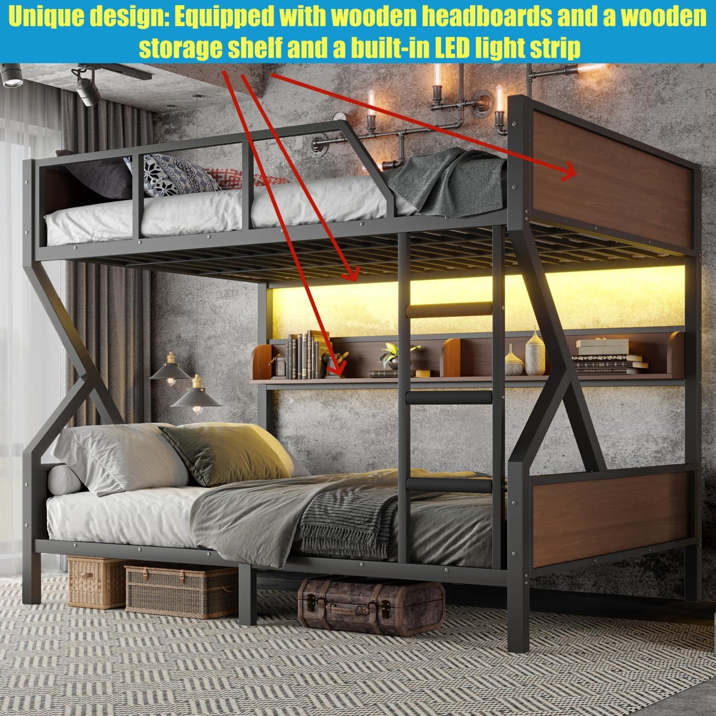 LEEKAF Stronger & Safer Heavy Duty Metal Queen Over Queen Size Bunk Bed for Adults Teens, Thickened More Stable Steel Bunkbed (Greater Weight Capacity) (Queen Over Queen-C)