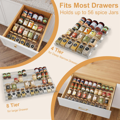 Brippo 8-Pack Spice Drawer Organizer, Expandable Acrylic Seasoning Rack (13" to 26") with Anti-Slip Mat, Kitchen Spice Rack Holds up to 56 Jars (Jars Not Included)