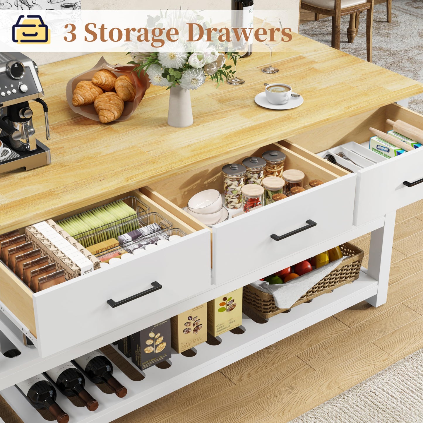 DynJest 60" Solid Rubberwood Kitchen Island with Power Outlets - Extra Large Work Surface, 3 Drawers & 2 Open Shelves Storage Cabinet for Kitchen Dining Room, Farmhouse Style (White)