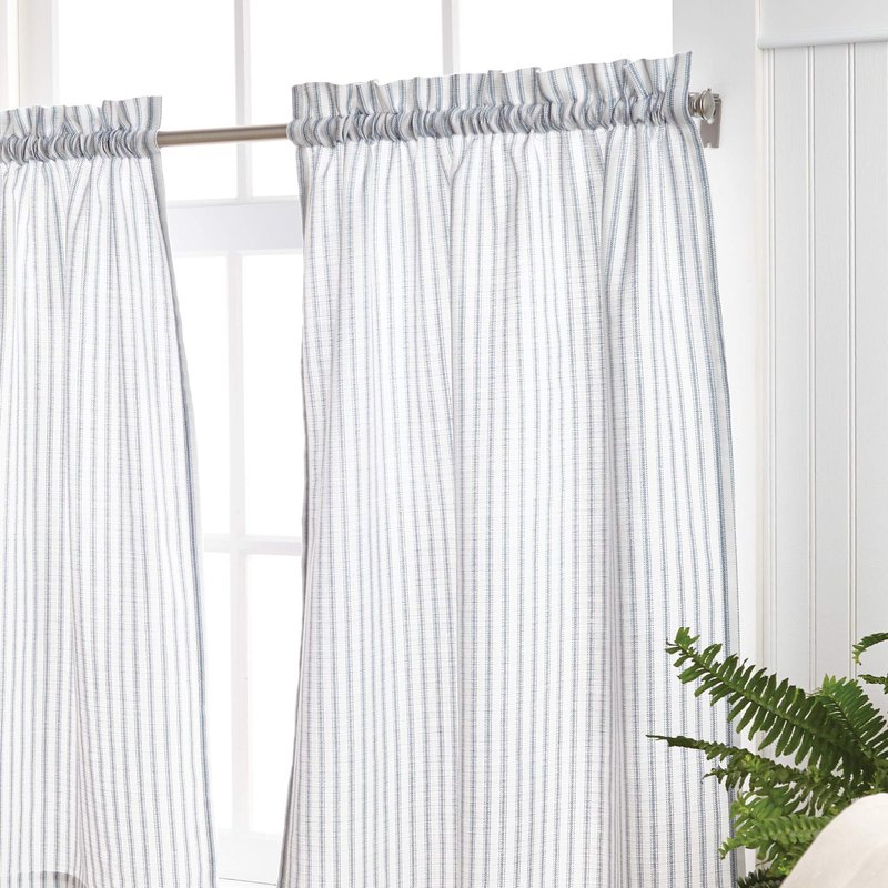Martha Stewart Ticking Stripe 3-Piece Window Curtain Valance and Tiers Set, White Indigo