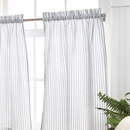 Martha Stewart Ticking Stripe 3-Piece Window Curtain Valance and Tiers Set, White Indigo