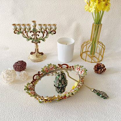 Pasiir Gold Mirror Vanity Tray, Hand Painted Decorative Jewelry Tray, Metal Makeup Tray for Vanity, Dresser, Countertop