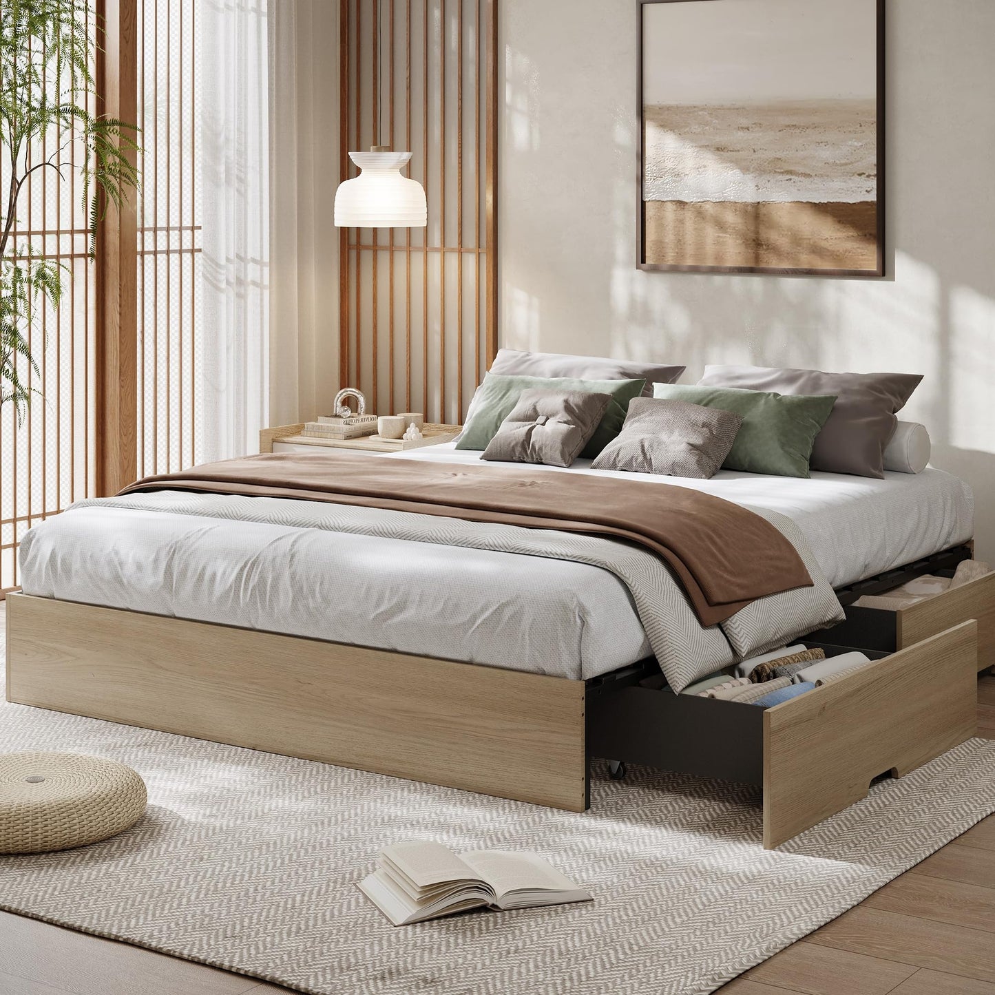 GarveeHome King Size Wood Platform Bed Frame with 2 Storage Drawers, Wooden Bed Frame Without Headboard, Wood Slat Support, No Box Spring Needed, Easy Assembly