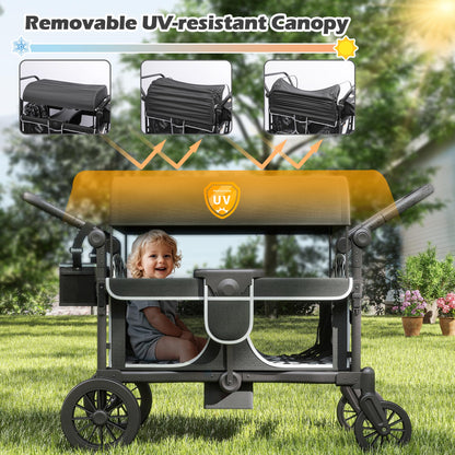 TOLEAD Wagon Stroller for 4 Kids, Foldable 4 Seats Outdoor Stroller Wagon with Canopy, Adjustable Handlebars, 5-Point Safety Harness, Detachable Tray, Portable Bag (Black)