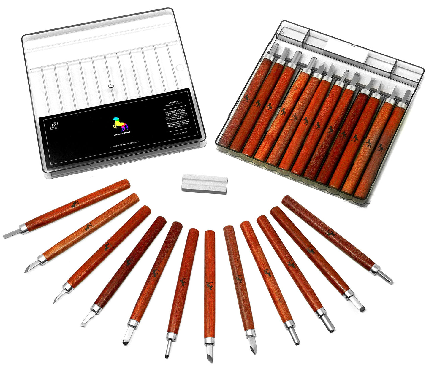 Workhorse 12pcs Premium Wood Carving Tools & Chisels Set for Whittling, Woodworking, Sculpture, Carpentry, with Sharpening Stone and Storage Box