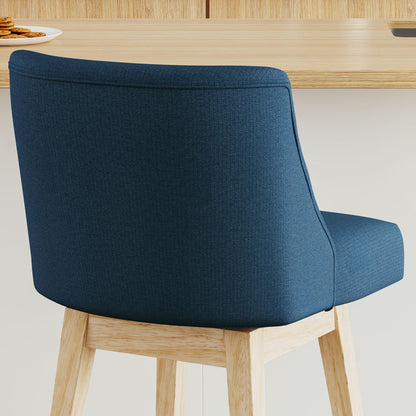 Vipbear Counter Height Bar Stools Set of 2, 26" H Modern Swivel Bar stools with Contoured Back and Solid Wood Legs, Linen Fabric Upholstered Counter Bar Chairs for Kitchen Island, Blue