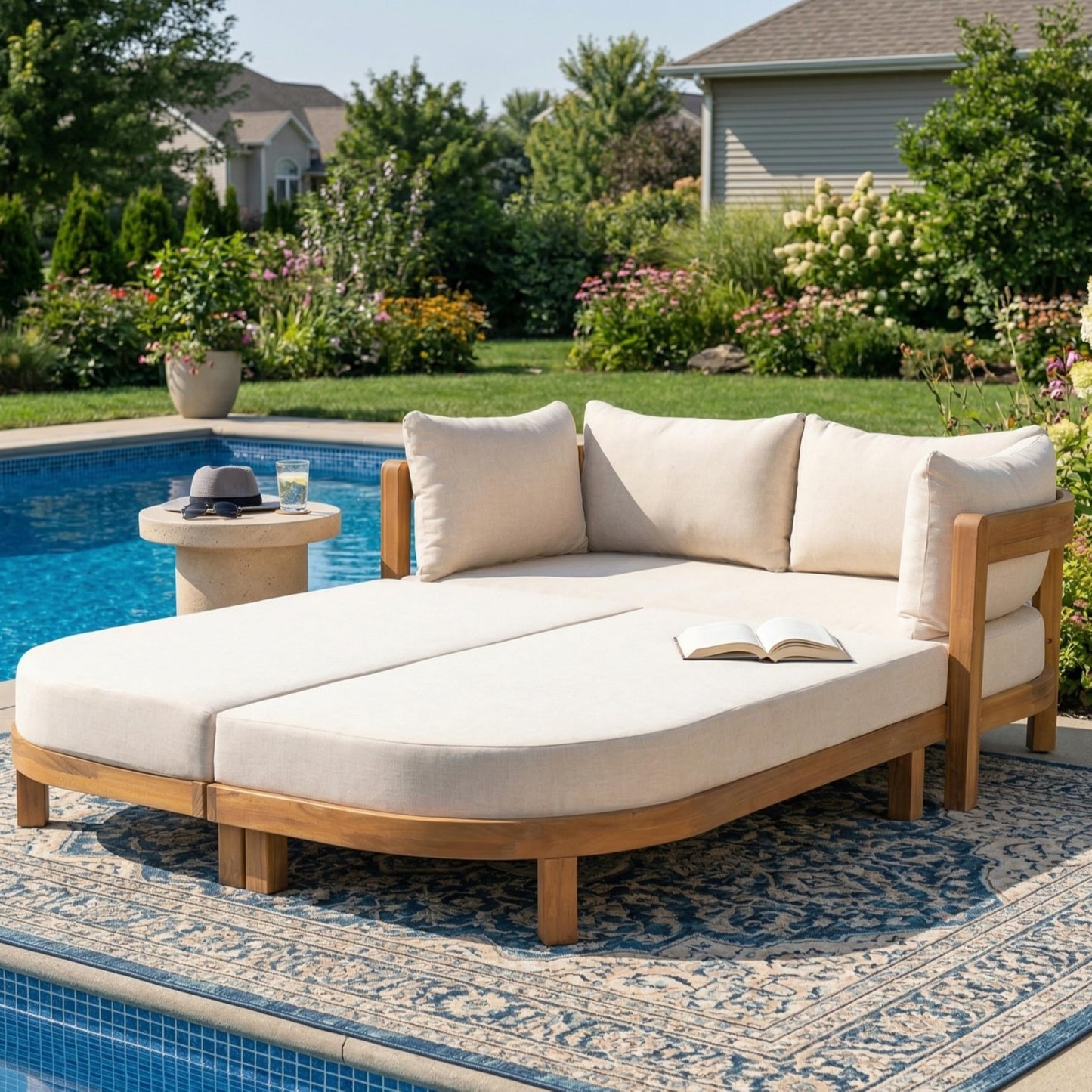 Christopher Knight Home Donovan Acacia Wood Outdoor Daybed with Cushion, Spacious Seating Lounge Sofa, Tub-Shaped Back Daybed, Curved Armrest Chaise Lounge Outdoor for Poolside Backyard, Teak+Beige