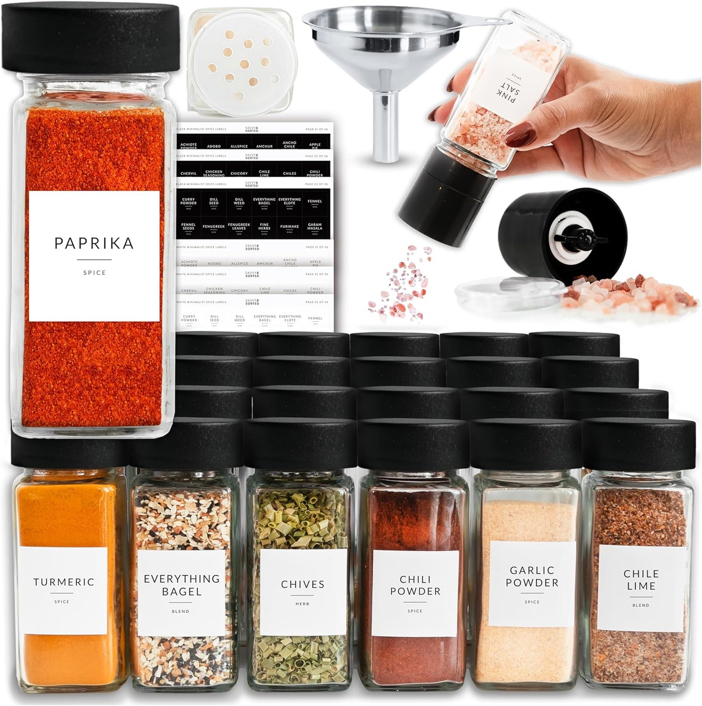 24 4 Oz 374 SAVVY & SORTED Glass Spice Jars with Label PK - Spice Containers with Minimalist Preprinted Labels