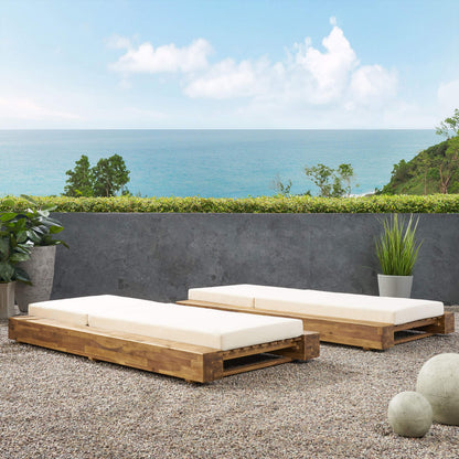 Christopher Knight Home Tory Acacia Wood Chaise Lounge Chair Outdoor Set of 2, Adjustable Backrest Sun Lounger Recliner, Patio Outdoor Chaise Lounge with 4" Thick Water-Resistant Cushions, Teak+Cream