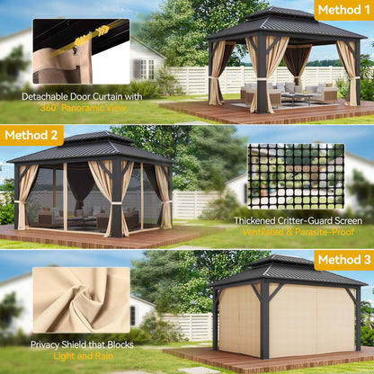 DWVO 12x14ft Aluminum Gazebo Hardtop Double Roof Canopy Outdoor Gazebo Galvanized Roof with Netting and Curtain Garden Tent for Patio, Backyard and Deck