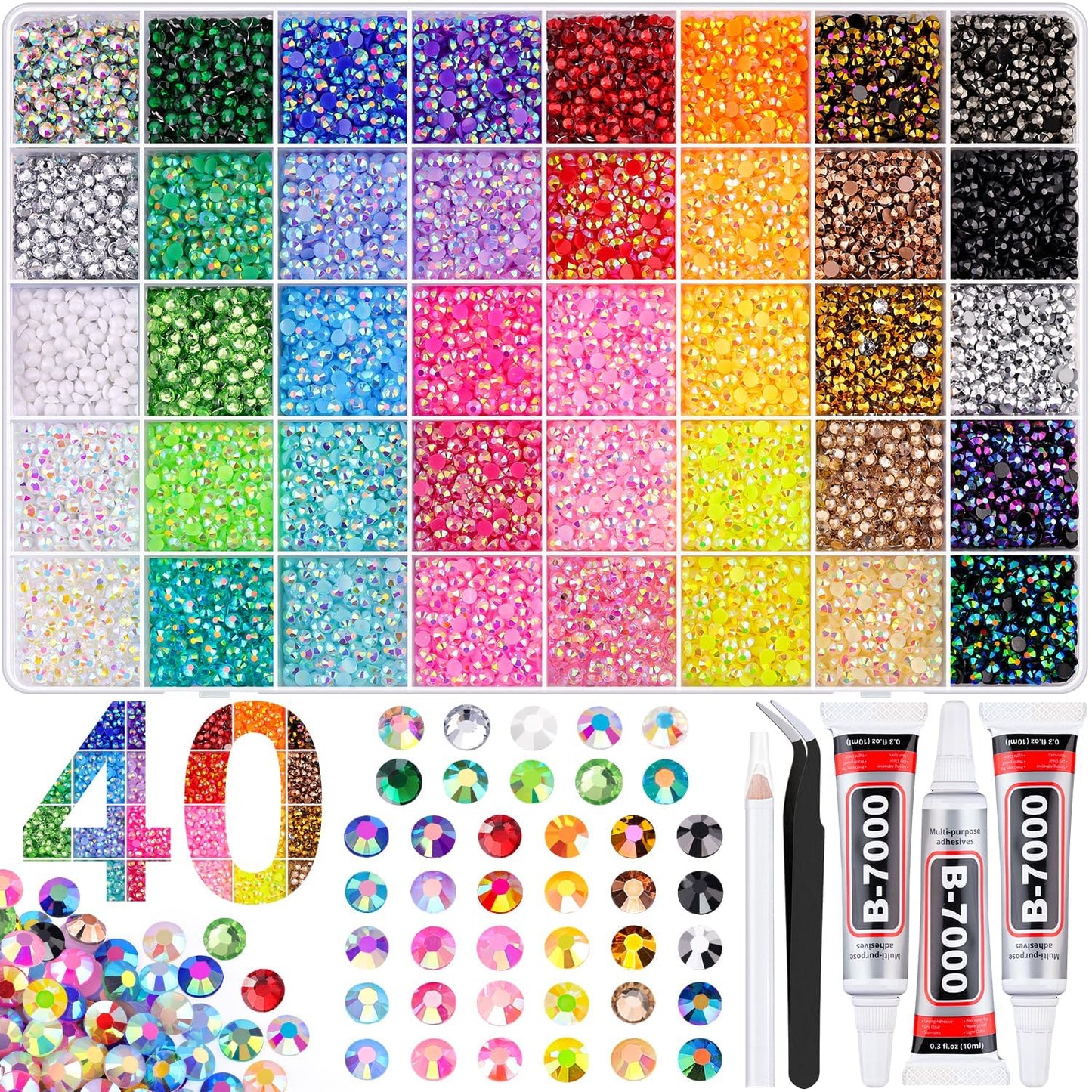 BELLEBOOST 45000Pcs 40 Colors Jelly Rhinestones Bedazzling kit, 3mm Multicolor Resin Flatback Gems for Diamond Art, Bedazzler Kit with 3Pcs 10ml B7000 Jewelry Glue for Crafting Book Shoes Nail Art