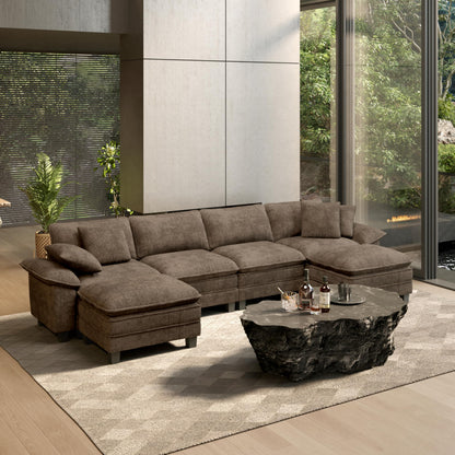 HERA'S HOUSE 158" Modular Sectional Sofa, Oversized U Shaped Couches for Living Room, Comfy Cloud Couch with Ottoman, 6-Seater Deep Seat Sofa with Throw Pillow, Chenille Taupe