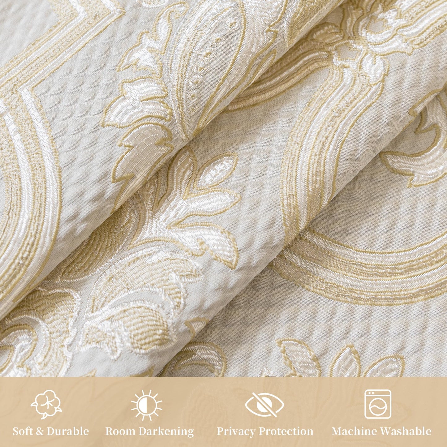 Loom and Mill European Elegant Waterfall Valance for Living Room, Luxury Jacquard Frame Swag Valances with Tassels, Beige Gold Floral Swag Curtains for Bedroom Window Holiday Decor(W59 Inch,1 Panel)