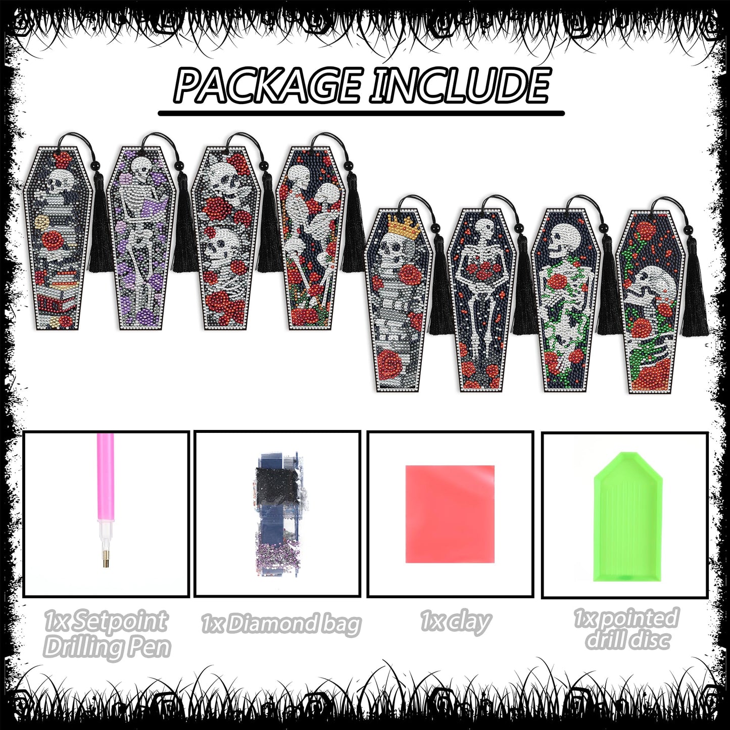 8 Pcs Gothic Skeleton Diamond Art Bookmarks Kit, Skull Halloween Diamond Painting Bookmarks with Tassels for Adults, DIY Horror Book Mark Craft Set for Women Men Reading Lovers