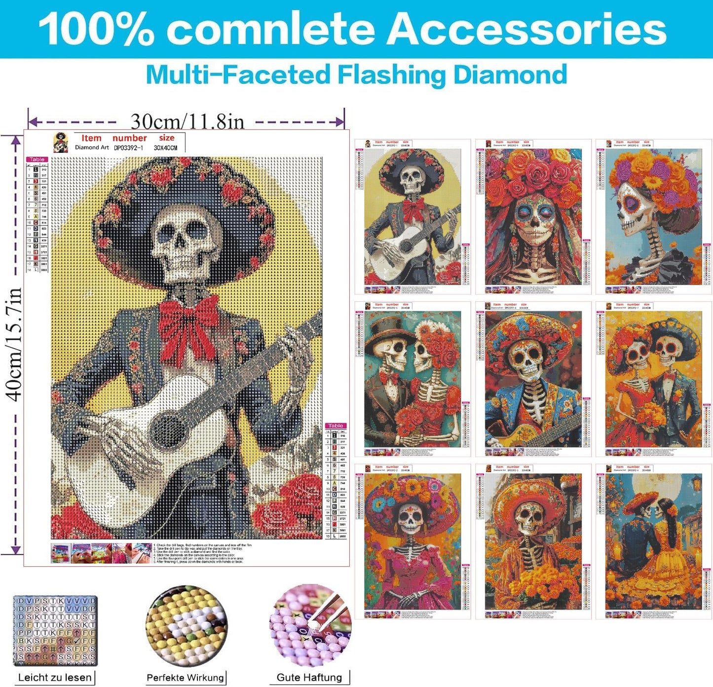 WUDWL 9 Pack Halloween Diamond Art Kits for Adults Beginner, Day of the Dead DIY Modern Diamond Painting Kits 5D Diamond Dots Gem Art Crafts with Tools,Round Full Drill for Women's hobbies-12x16in
