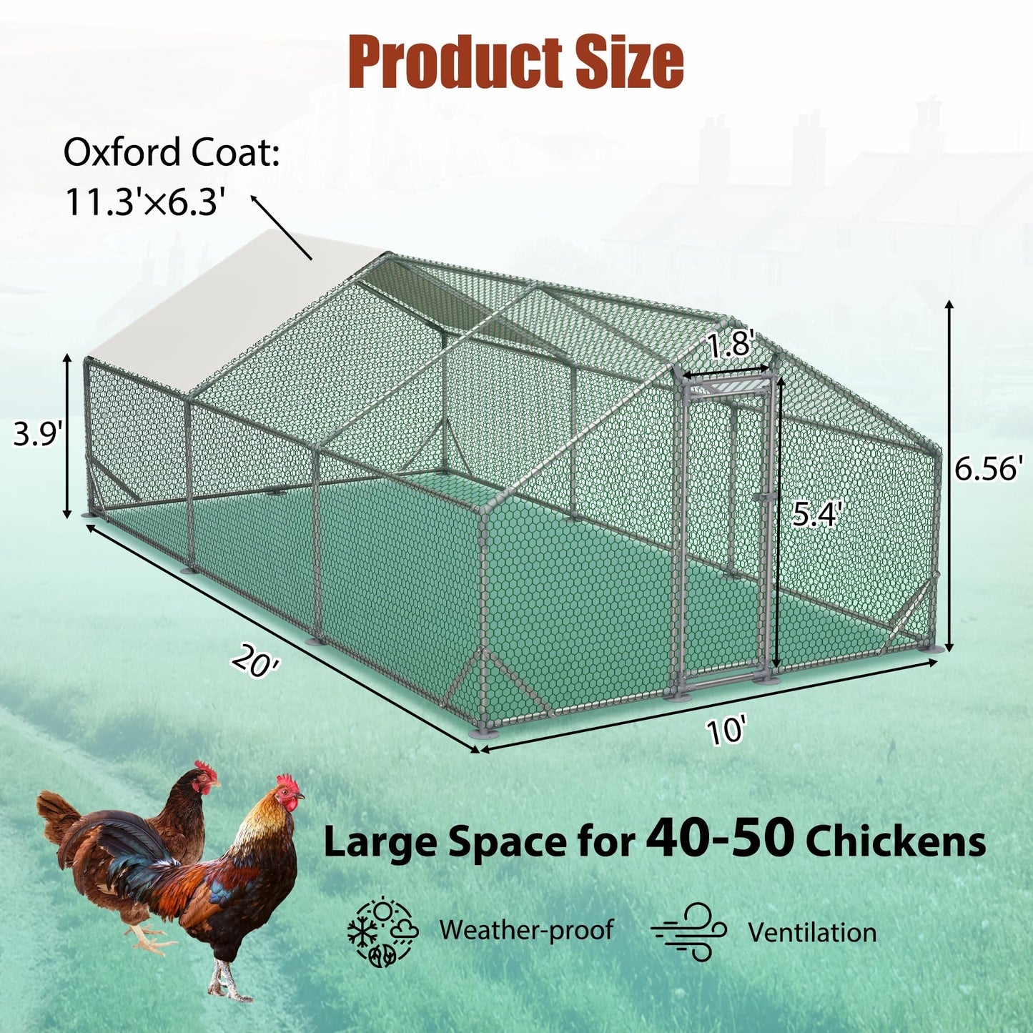 YOPTO Chicken Coop,10x20x6.56ft Large Metal Chicken Coop with Run,Walk in Chicken Run W/Removable Waterproof & Anti-Ultraviolet Cover,Chicken Pen W/Security Lock,Hen House Enclosure for Farm,Yard