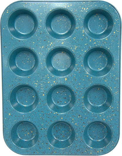 casaWare Mini Muffin Pan, 12 Cup Ceramic Coated Non-Stick (Blue Granite)