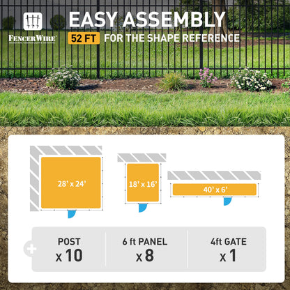 Fencer Wire 52FT Heavy Duty Flat Top Fence Barrier Kit, Anti-Rust Metal Steel Fence with 6FT Height X 6FT Width Panels, with Pinnacle Gate, Posts, Connectors, Outdoor Fencing for Yard