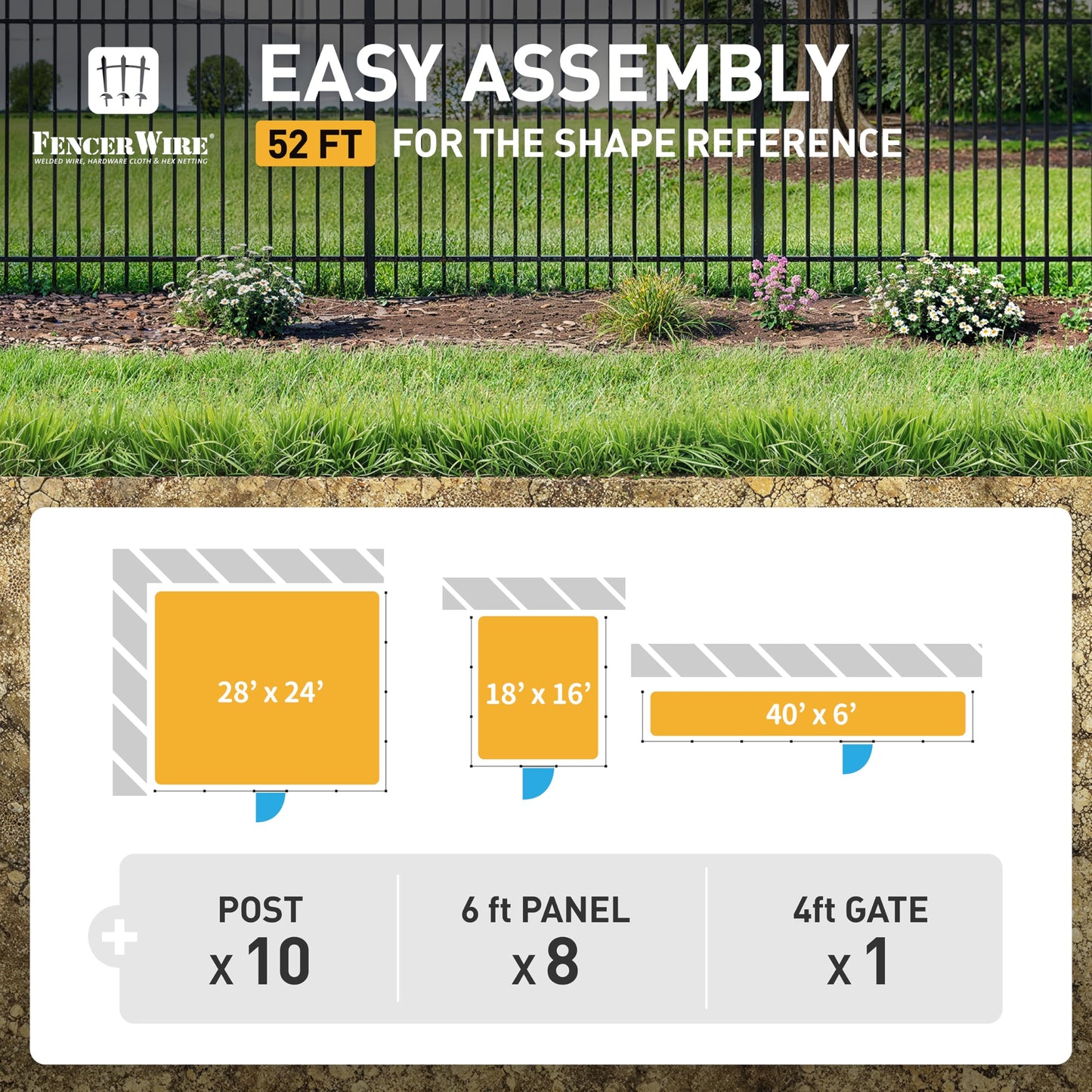 Fencer Wire 52FT Heavy Duty Flat Top Fence Barrier Kit, Anti-Rust Metal Steel Fence with 6FT Height X 6FT Width Panels, with Flat Top Gate, Posts, Connectors, Outdoor Fencing for Yard