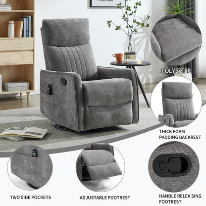 KEIKI 4-in-1 Manual Swivel Rocker Recliner Chair for Living Room, Chenille Nursery Glider Rocking Chairs with Back Massager & Heat, Ideal for Senior Adults True Relaxation, Dark Gray