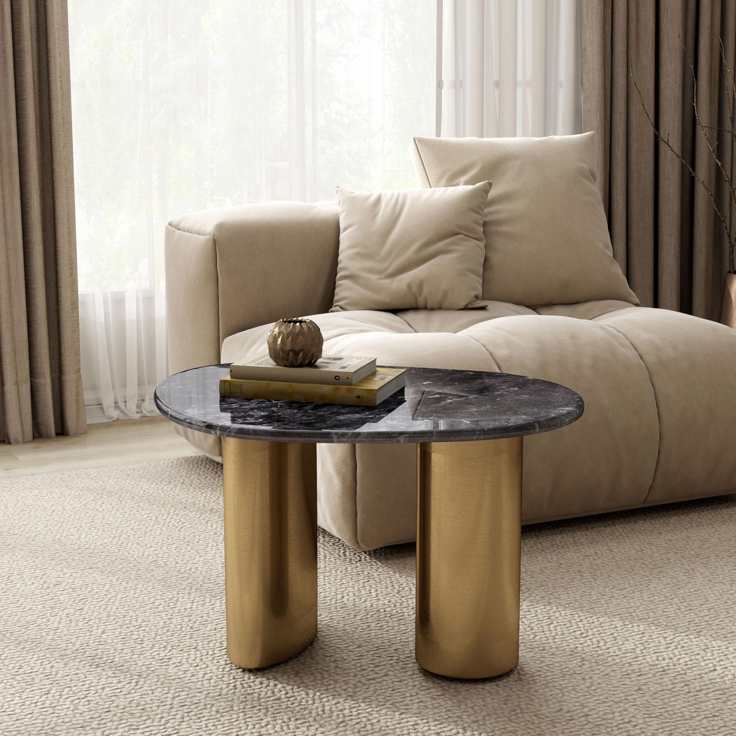 Furniture of America Gavora Modern 32-inch Grey and White Sintered Stone Top End Table with Gold Dual Pedestal Legs for Small Space, Living Room, Home Office, Multi-Color