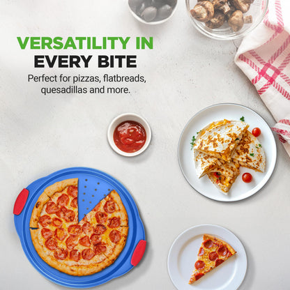 NutriChef 13-Inch Nonstick Pizza Tray - Round Carbon Steel Non-Stick Pizza Baking Pan with Perforated Holes, Premium Bakeware Pizza Screen with Silicone Grip Handles, Dishwasher Safe - Blue
