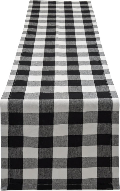 Yourtablecloth Plaid Checkered Table Runner - Washable Indoors or Outdoors (Black and White, 14 x 108)