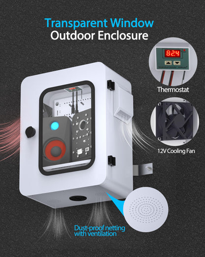 Akwscyby Outdoor Electrical Box with Clear Window and Thermostat and Fan, Precise Temperature Control 0.1°F, IP65 Water Resistant Rating, Galvanized Steel, Aluminum Rear Beam(17.7" x 13.8" x 7.9")