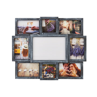 MELANNCO Collage Picture Frame with Letter Board, 8 Opening Photo Display for 4x6 and 4x4 Photos, 19 x 17 Inch Wall Decor with 144 Changeable Letters, Numbers and Symbols, Distressed Black