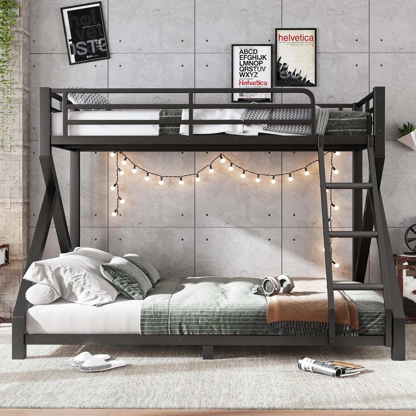 Bellemave Twin XL Over Queen Metal Bunk Bed,Low Profile Floor Bunk Bed Frame with Angled Ladder, Heavy Duty & Noise-Free Design for Kids, Teens & Adults, Black