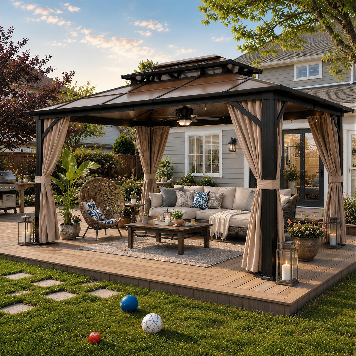 YOLENY 10'x13' Hardtop Gazebo, Outdoor Polycarbonate Double Roof Canopy, Aluminum Frame Permanent Pavilion with Curtains and Netting, Sunshade for Garden, Lawns, Patio