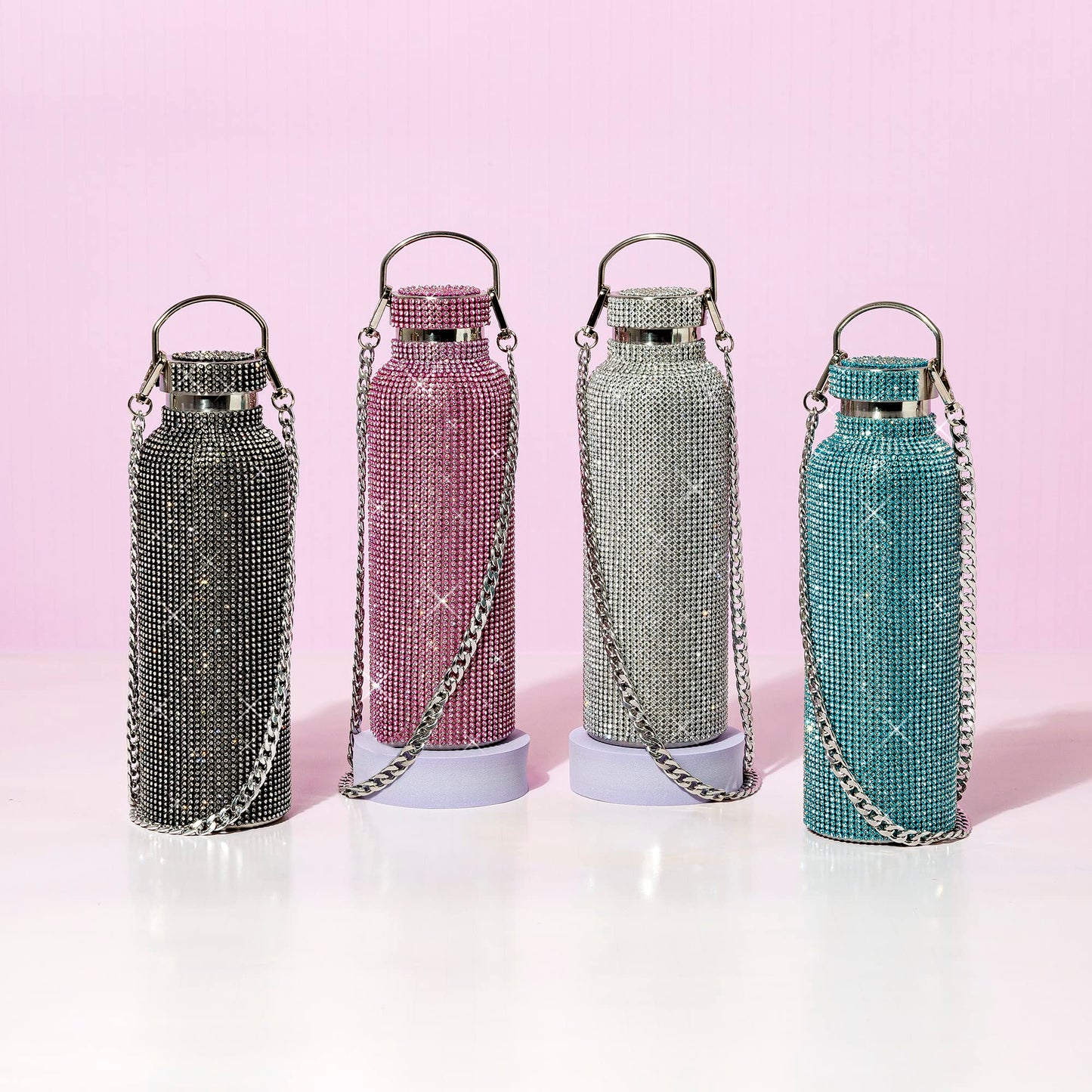 Paris Hilton Diamond Bling Water Bottle With Lid And Removable Carrying Strap, Stainless Steel Vacuum Insulated, Bedazzled With Over 5000 Rhinestones, 25-Ounce, Ombre Pink to Silver