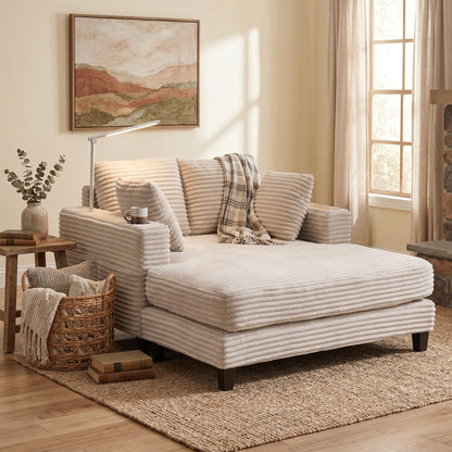 AEDI Oversized Chaise Lounge Chair with Reading Light & USB Charging,Sleeper Sofa with Cup Holder, Solid Wood Frame,for Living Room,Bedroom(Corduroy Beige)